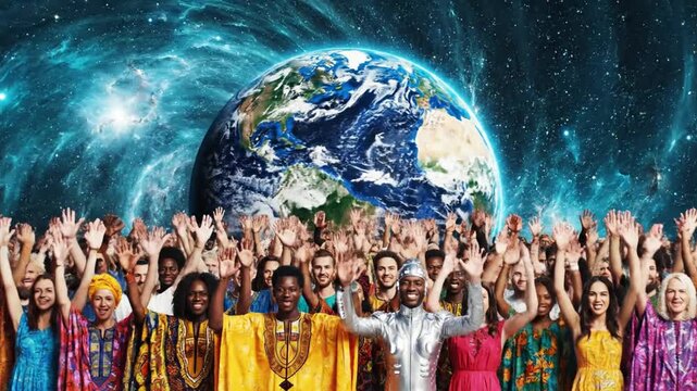 Diverse global crowd stands before Earth and cosmic nebula