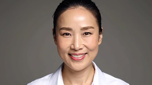 Asian woman smiling portraits sequence in a storyboard format against neutral background