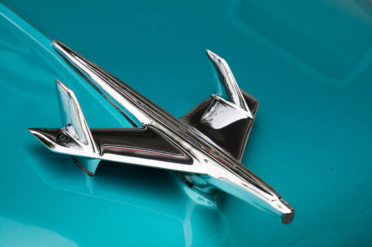 Canada, BC, Delta.  Ladner Auto Show.  1955 Chevy Bel Air hood ornament.