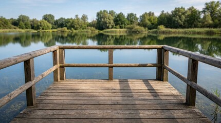 Wooden viewing platform overlooking calm lake surrounded by greenery  