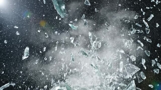 Shattered glass fragments and particles explode and scatter against a dark background with light flare, suitable for visual effect, abstract background, impact simulation, and motion graphic.