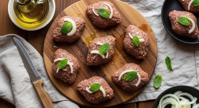 Kibbeh Nayyeh Traditional Lebanese Raw Lamb Flat Lay On Rustic Wood