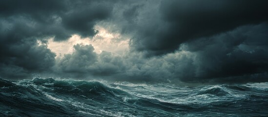 Fototapeta premium A dramatic stormy seascape with dark clouds gathering over a turbulent ocean, lightning illuminating the sky