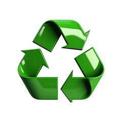 Glossy, green recycle symbol consisting of three arrows in a triangular arrangement