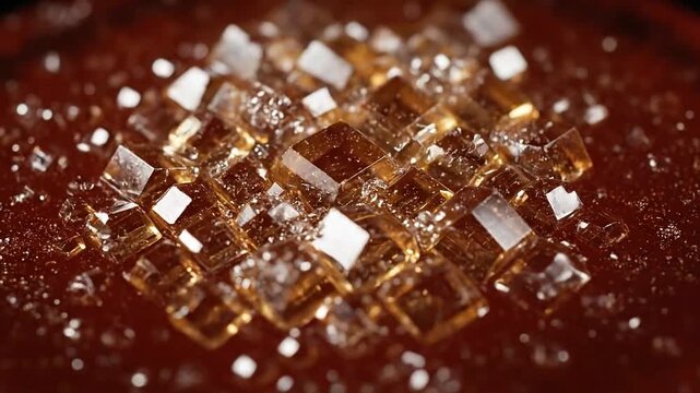 A diamond pattern of crystal cubes glistens on a dark red surface scattered with fine white particles from a close-up viewpoint.