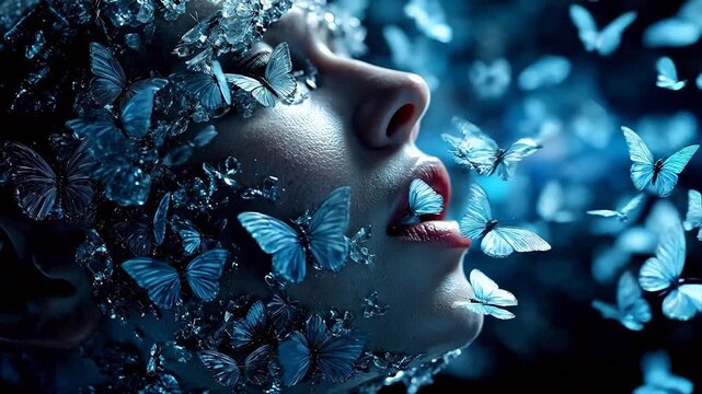 womans face with butterfly effects