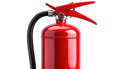 Glossy red fire extinguisher with black hose, nozzle, and handle against black
