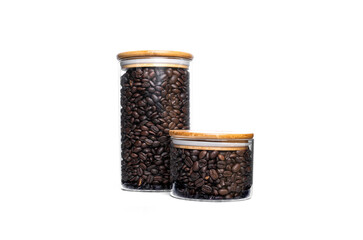 Coffee beans in glass jar isolated on whie background. High quality photo