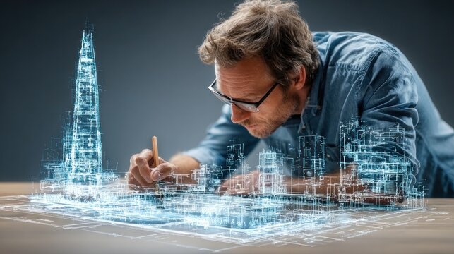 Architectural design hologram of a skyscraper and cityscape, an architect sketching on blueprint