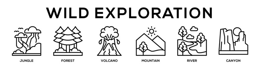 Naklejka premium web banner icon vector illustration concept for business with icon of Jungle, Forest, Volcano, Mountain, River,.