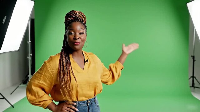 Woman Presenting on Green Screen Chroma Key Background with Studio Lights.