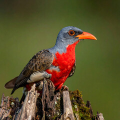 Red Breasted Bird with Orange Beak Perched on Weathered Log