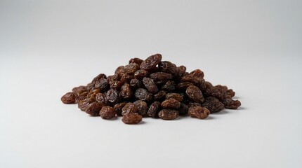 Obraz premium Delicious Dark Brown Raisins Pile on White Background, Healthy Snack Ingredient