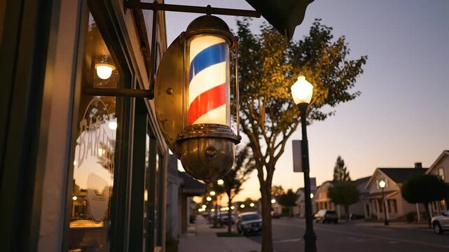 A barber shop sign hanging outside a storefront at dusk on a quiet street with trees and streetlights