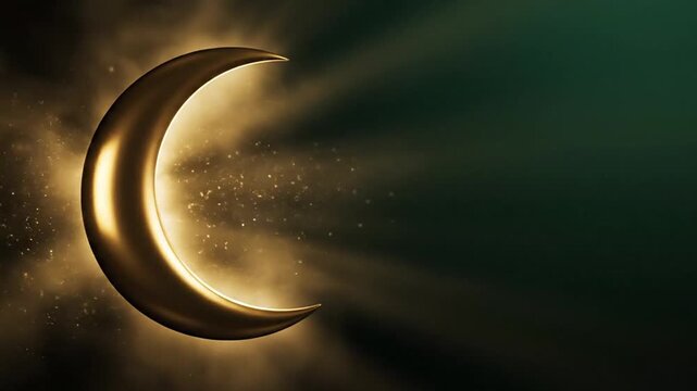 Stunning golden crescent moon digital background for Islamic religious celebrations like Ramadan and Eid Mubarak. Represents spiritual faith, cultural diversity, and traditional festive greetings...