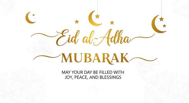 Golden Eid al-Adha Mubarak greeting card with crescent moons