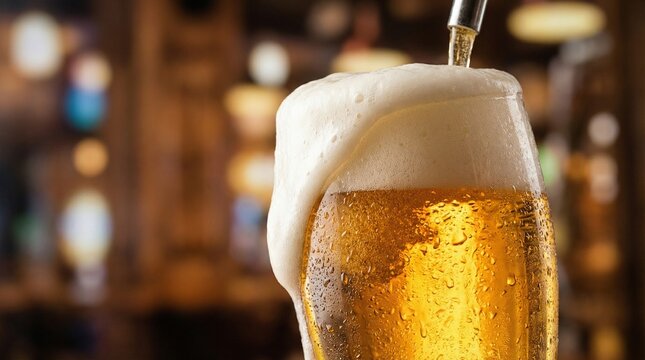 Cold draft beer overflowing with foam(泡が溢れ出す冷たい生ビール)