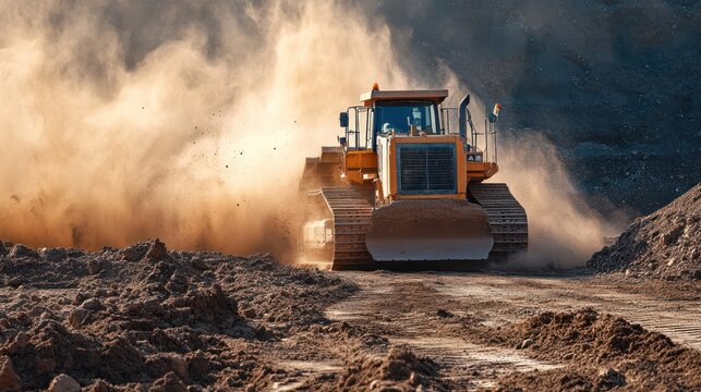 Heavy Duty Bulldozer Working on Construction Site Creating Dust Cloud.