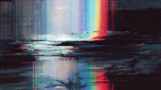 Abstract Digital Glitch Art with Distorted Pixelated Lines and Colorful Reflections on Dark Background Emphasizing Dynamic Visual Noise and Technological Malfunction