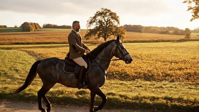 Elegant man riding horse on rural path during golden hour