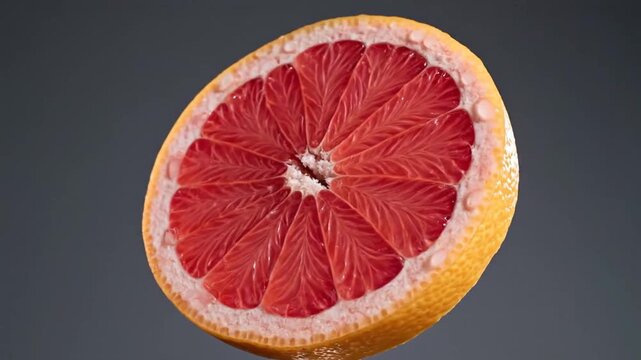 Close-up of a Freshly Cut Grapefruit Half Rotating on a Dark Background.