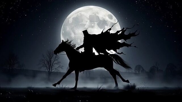 Mysterious Rider on Horseback Silhouetted Against a Full Moon at Night.