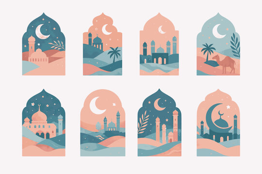 Islamic window frames with Ramadan night scenes. Islamic arch window frames with mosque camel desert night scenes vector illustration Ramadan decorative architecture pink set isolated