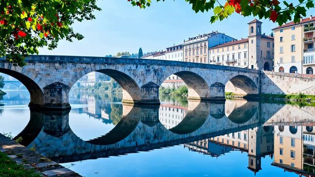 Stone bridge over calm river with reflections