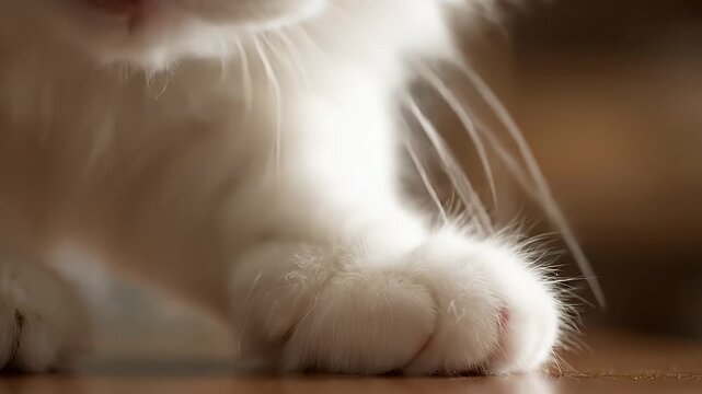 Macro close-up of a fluffy white cat paw with soft fur and delicate pink toes resting on a smooth surface