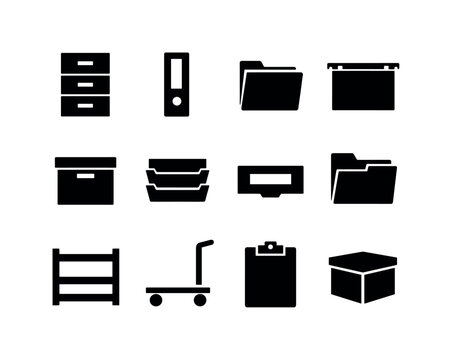 Office filing system: filing cabinet, ring binder, file folder, hanging folder, archive box, document tray, label holder, divider tab, storage shelf, trolley cart, clipboard,