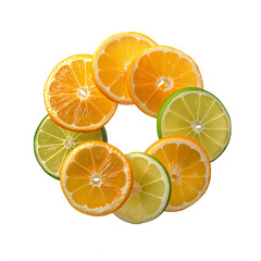 Obraz premium Vibrant circular arrangement of fresh orange and lime slices on black.