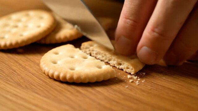 A hand cuts a cracker on a wooden table with a knife.