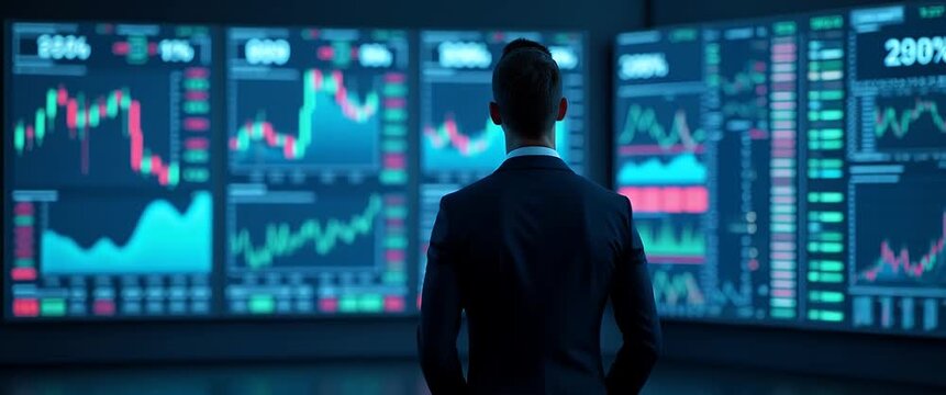 Business professional analyzes dynamic stock market charts in a cinematic style, with subtle camera pan and data graphics in motion, perfect for finance and investment themes.