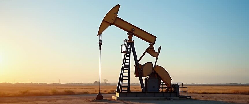 Cinematic scene of an oil pumpjack rhythmically operating at sunrise in a vast desert landscape, with a gentle camera pan capturing the tranquil morning light and subtle movement of distant grass.
