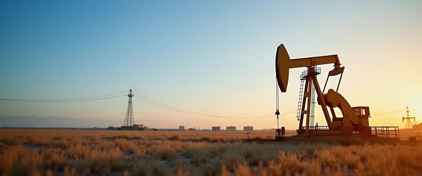 Oil pumpjack operating at sunset with slow panoramic view over vast field, cinematic style; energy production, industrial landscape, renewable transition, serene ambiance.