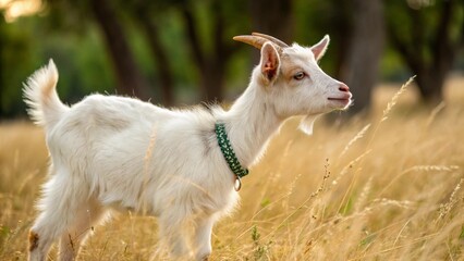 Obraz premium A young white goat with a collar stands in a field of golden grass, enjoying the warm sunlight and fresh air of the countryside