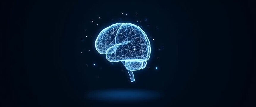Futuristic digital brain model with neural connections gently pulsates as the camera slowly pans across a minimalist dark background, creating a captivating, cinematic technology animation.
