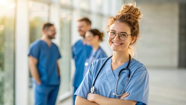 Closeup portrait of a smiling nurse with stethoscope and arms folded in a hospital corridor, with her medical team behind