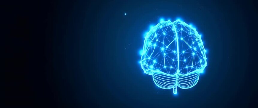 Digital brain network glows and rotates in a futuristic, dark blue space; camera gently pans, enhancing the mesmerizing, technological ambiance with subtle particle motion.