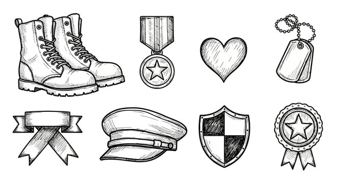A collection of hand-drawn sketch icons representing military and patriotic themes, including boots, medals, a heart, dog tags, a ribbon, a cap, a shield, and a rosette.
