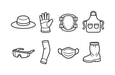 Outdoor gardening protection gear: sun hat, gardening glove, knee pad, apron, safety glasses, arm sleeve, face mask, boot cover.
