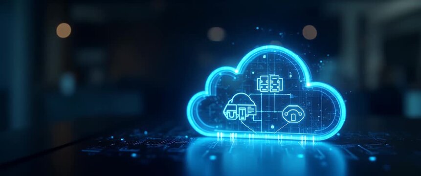 Futuristic digital cloud icon hovers above a glowing circuit board as the camera slowly pans, with ambient light flickers enhancing the cinematic technology concept.