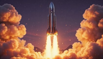 Obraz premium Rocket Launching into Sky: A powerful rocket launches into the night sky, its engines blazing as it pierces through the clouds towards the stars, representing innovation and exploration.