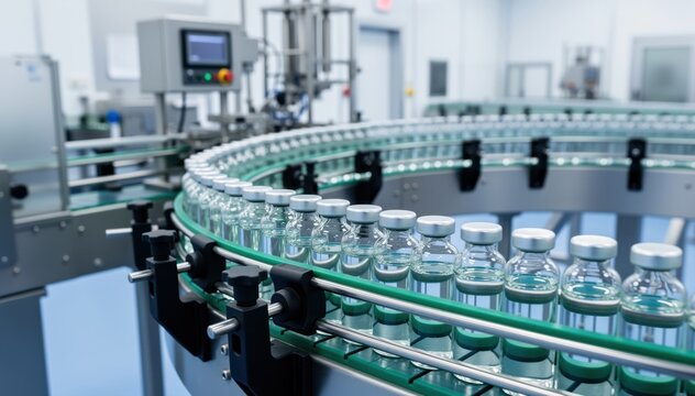 Precision Manufacturing: An inside view of a pharmaceutical production line, featuring the automated process of filling and labeling medical vials.
