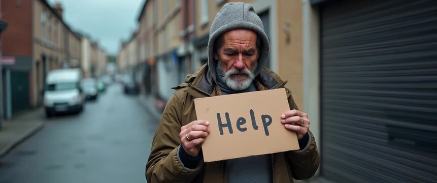 Elderly man holds sign on a quiet urban street, conveying emotion; camera pans gently as ambient city sounds create a cinematic atmosphere, highlighting themes of empathy and social awareness.
