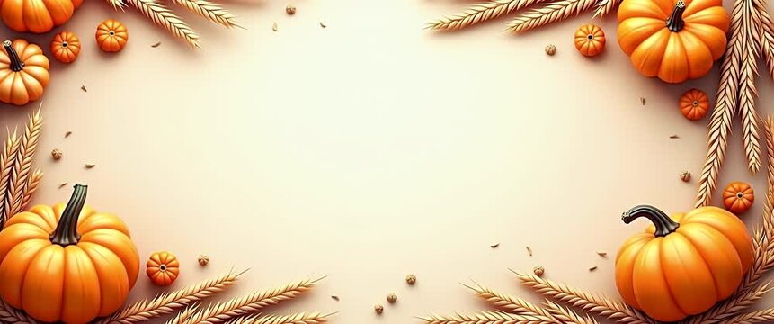 Autumn-themed pumpkins and wheat gently sway as the camera slowly pans across a warm, inviting harvest scene, capturing the essence of the fall season in a serene, cinematic style.