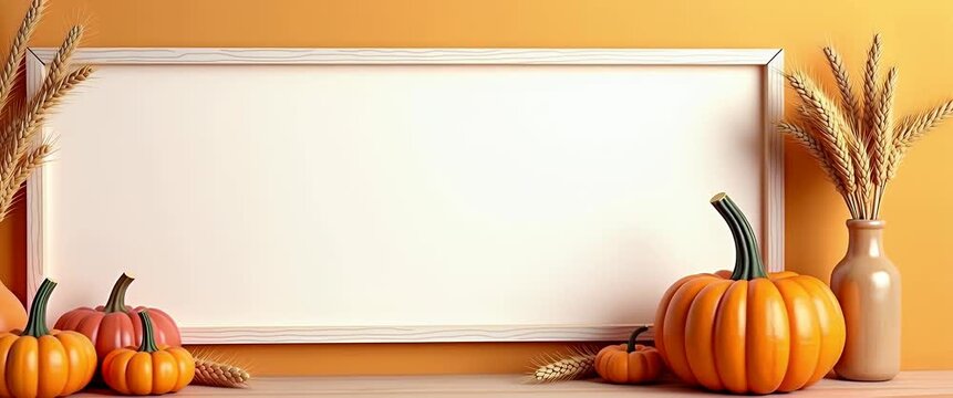 Cinematic close-up of autumn pumpkins and wheat gently swaying, with a slow panning camera across a warm, minimalist harvest scene; vibrant fall colors enhance seasonal atmosphere.