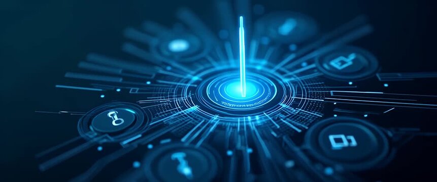 Futuristic digital interface with glowing holographic icons rotates in a cinematic style, while the camera slowly pans across the high-tech virtual display, highlighting innovation and technology them