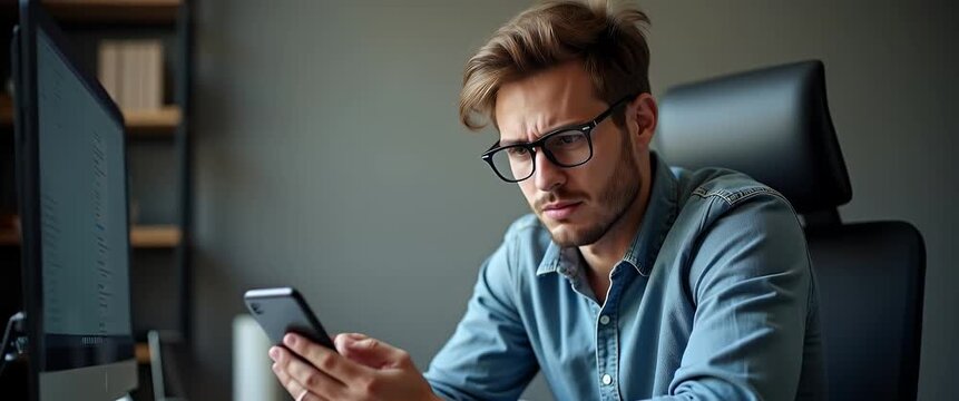 Young professional in a modern office analyzes data on a smartphone, with a computer screen displaying charts; the camera slowly pans, capturing the ambient light flicker in a cinematic style.
