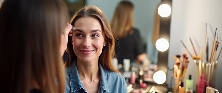 Makeup artist gently applies cosmetics to a smiling client as the camera slowly pans, capturing the serene, cinematic atmosphere of a professional beauty salon with ambient lighting.